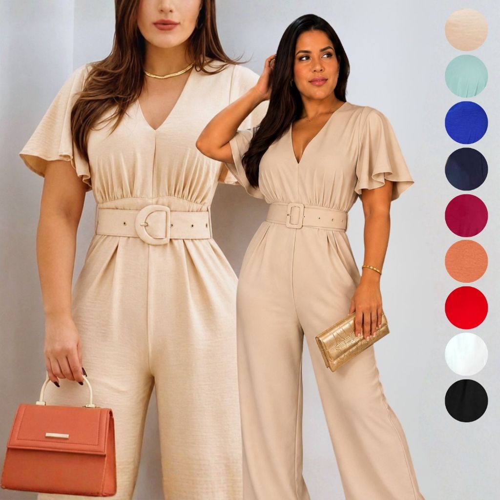 Macacão Pantalona Feminino Duna Gola V com Manga Curta e Cinto, Elastex e Amarração nas Costas, Elegante e Confortável