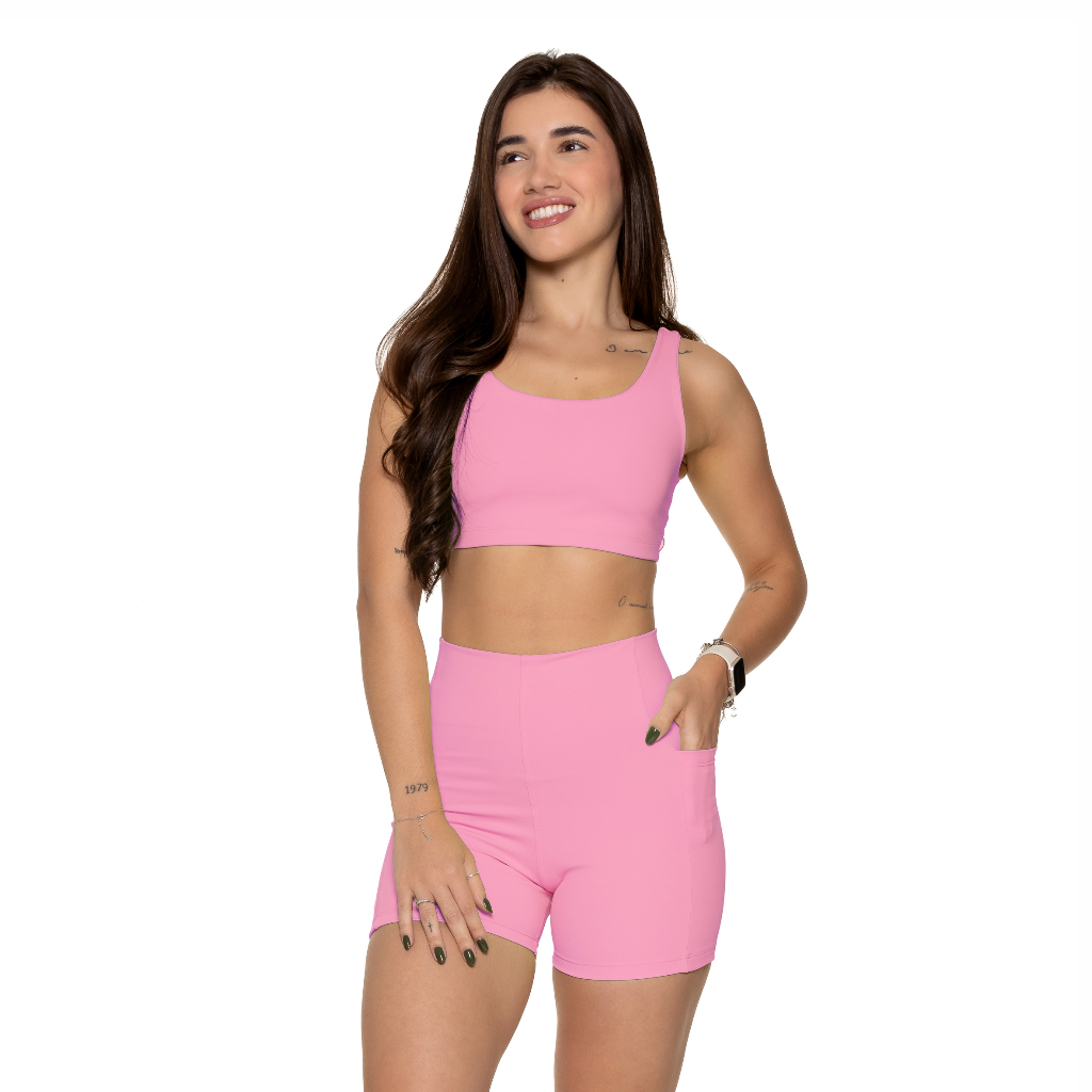 Conjunto Academia Short Bolsos Top Duplo Cós Alto Poliamida Regata Corrida Roupa de Treino Feminina