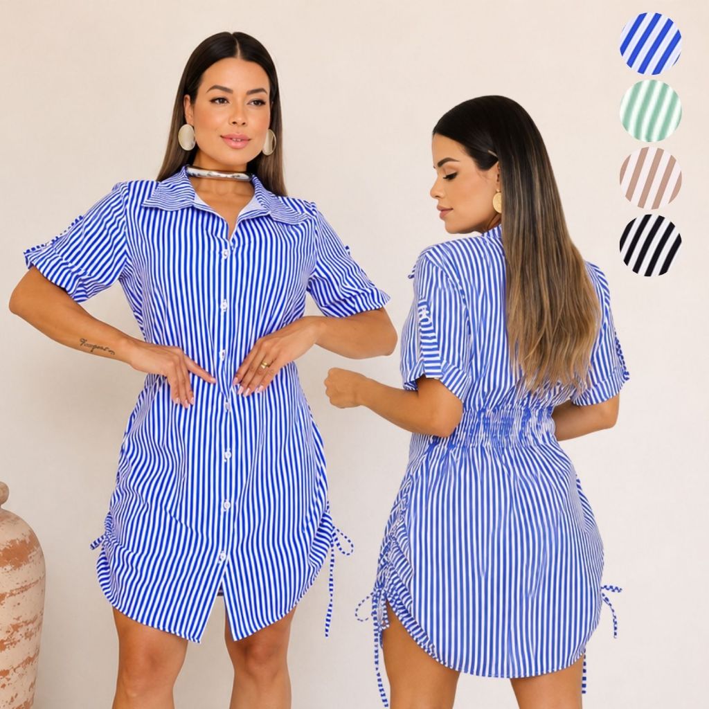 Chemise Vestido Feminino Listrado com Manga Curta, Laço Lateral e Elastex nas Costas, Elegante e Confortável, do M ao G1