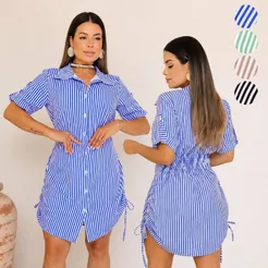 Chemise Vestido Feminino Listrado com Manga Curta, Laço Lateral e Elastex nas Costas, Elegante e Confortável, do M ao G1