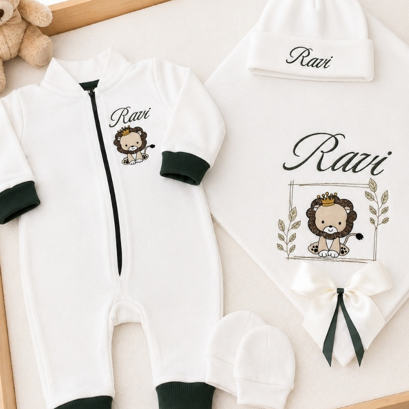 Saída Maternidade Menino Kit Leão Nome Bordado Personalizado Algodão