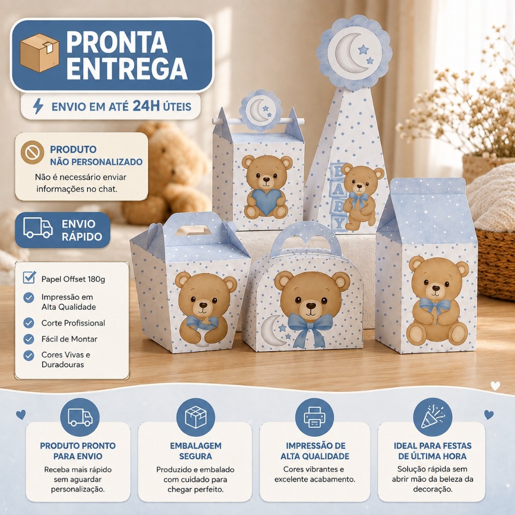 KIT FESTA PRONTA ENTREGA cha revelaçao ursinho Lembrancinhas Caixinha Personalizadas