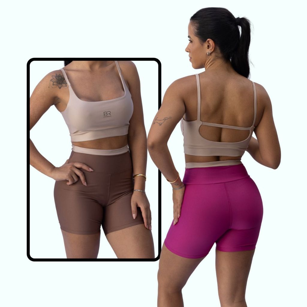 Conjunto Fitness Feminino Bicolor Short Cintura Alta + Top de Alça Academia