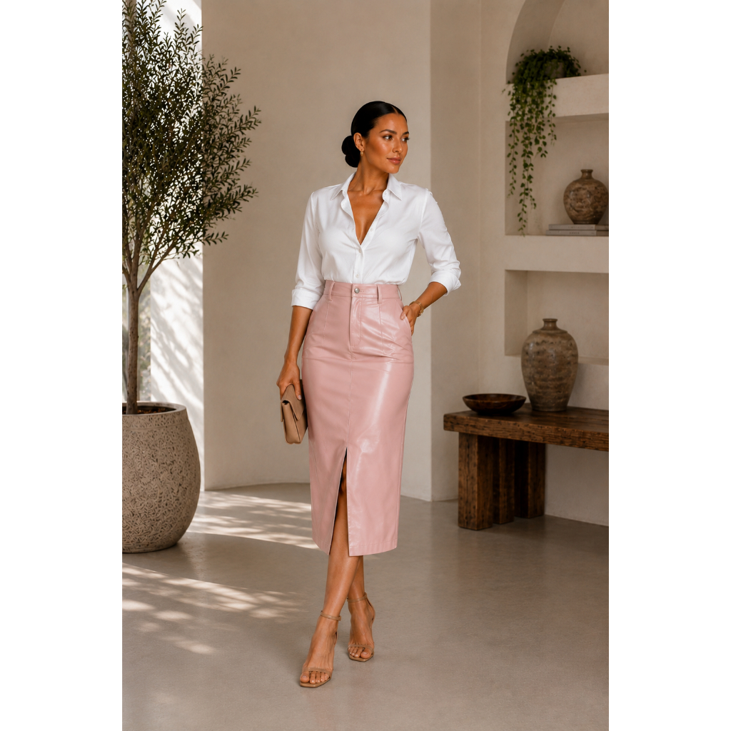 Saia em Couro Midi Lapis, Fake tendencia Feminina ALC Modas