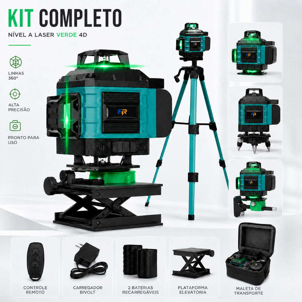 Kit De Nível Laser Verde 16 Linhas 4d Autonivelante Com 2 Baterias Nivel A Laser com Tripé
