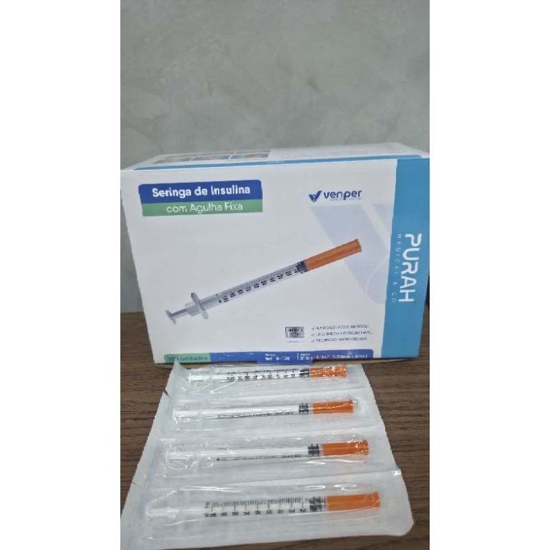 kit 100 unidades Seringa insulina 0,3ml agulha fixa 8mm x 0,30mm