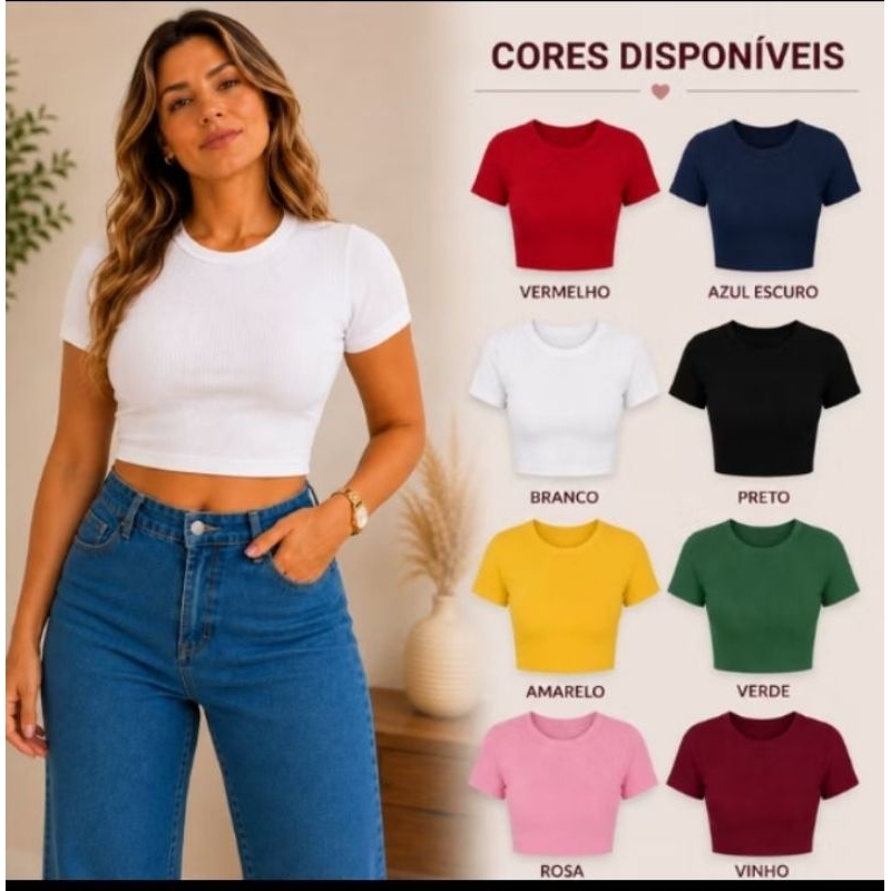 Kit 2 Blusas Cropped Feminino Ribana Canelada Manga Curta Baby Tee Estilo Gringa Moda Feminina Blogueira Justinha Casual