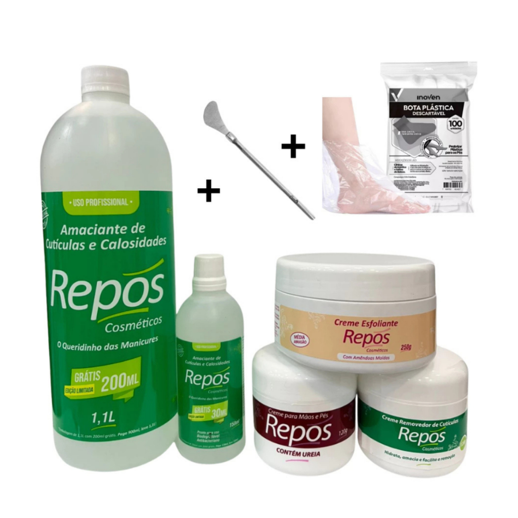 Kit Spa Dos Pés Repós Amaciante 150 E1lL+ Uréia+Removedor Esfoliante +Espátula Calosidade+10 Botas