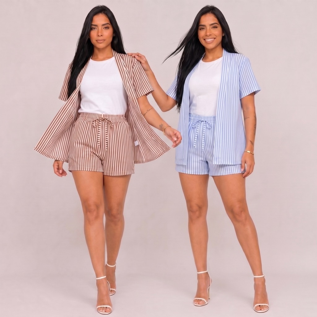 Kit 2 Conjunto Feminino Kimono e Short Listrado 2 Peças Tecido Duna Saída de Praia Verão 2026