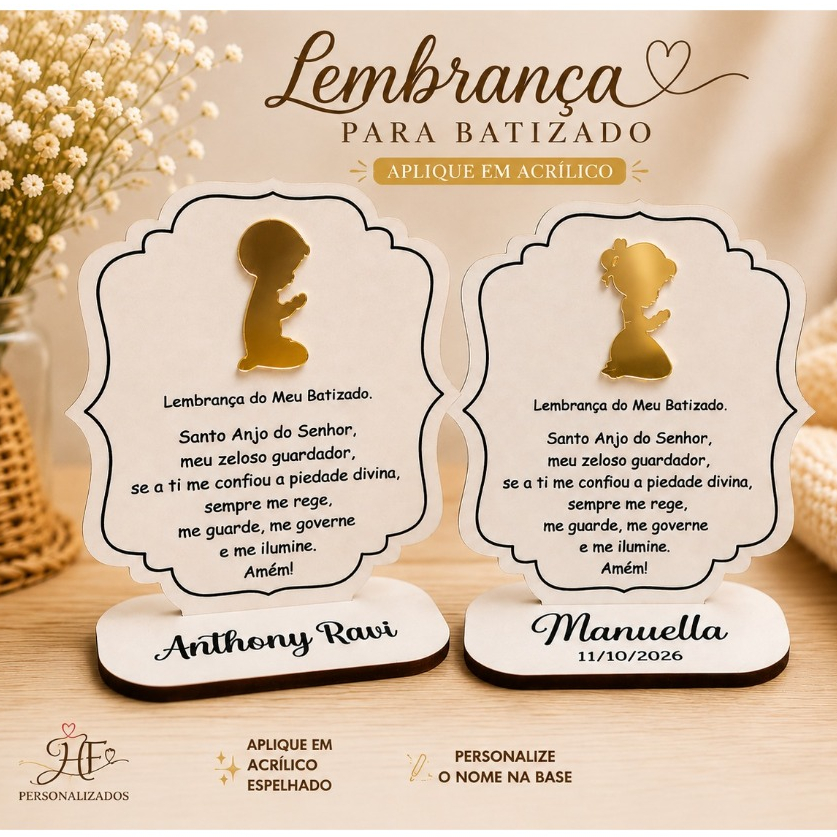 Kit Lembrancinha Meu Batizado Oração Santo anjo. Personalizado com acrílico e Mdf. Batismo