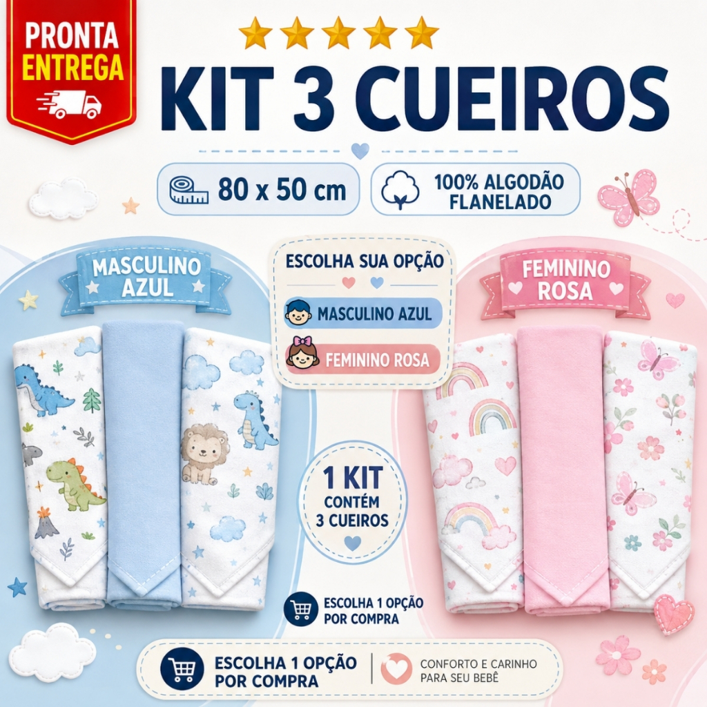 Kit 3 Cueiro Flanelado Estampado 50 x 80 Enxoval Infantil Bebê Menino Menina