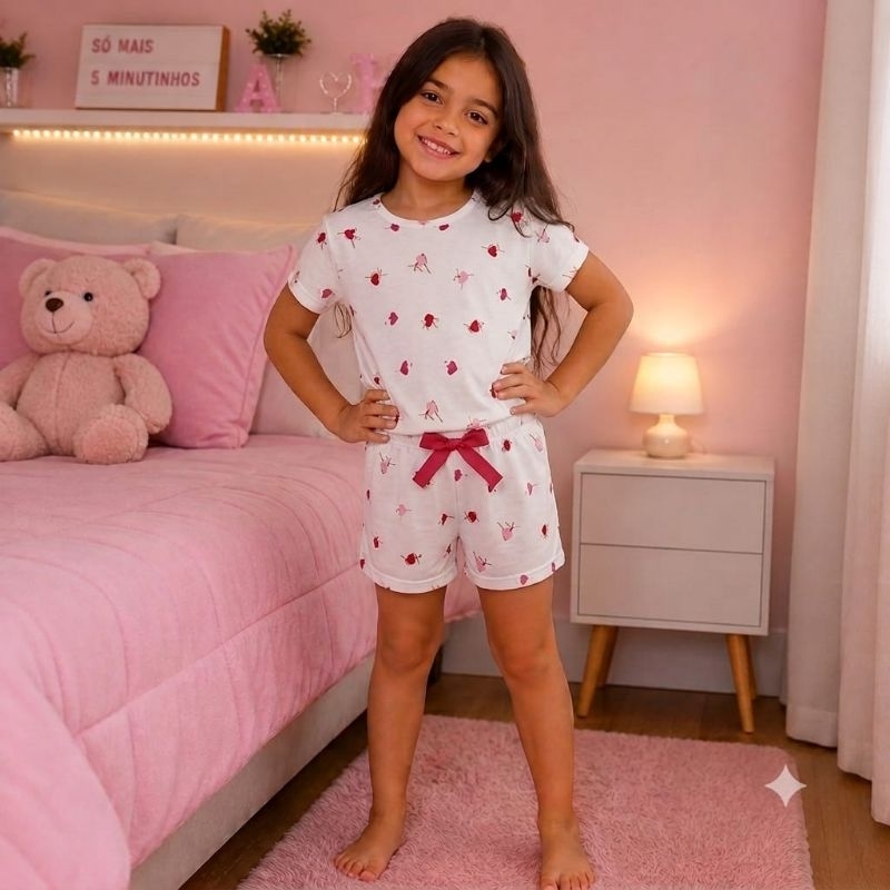 Pijama Infantil Menina Curto Camiseta e Short Estampado Verão Confortável! Cores Sortidas
