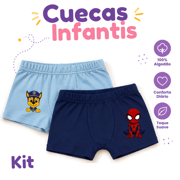 Kit 5 Cuecas Boxers Box Infantil Menino Algodão Personagem- Menino de 1 ano a 11 anos