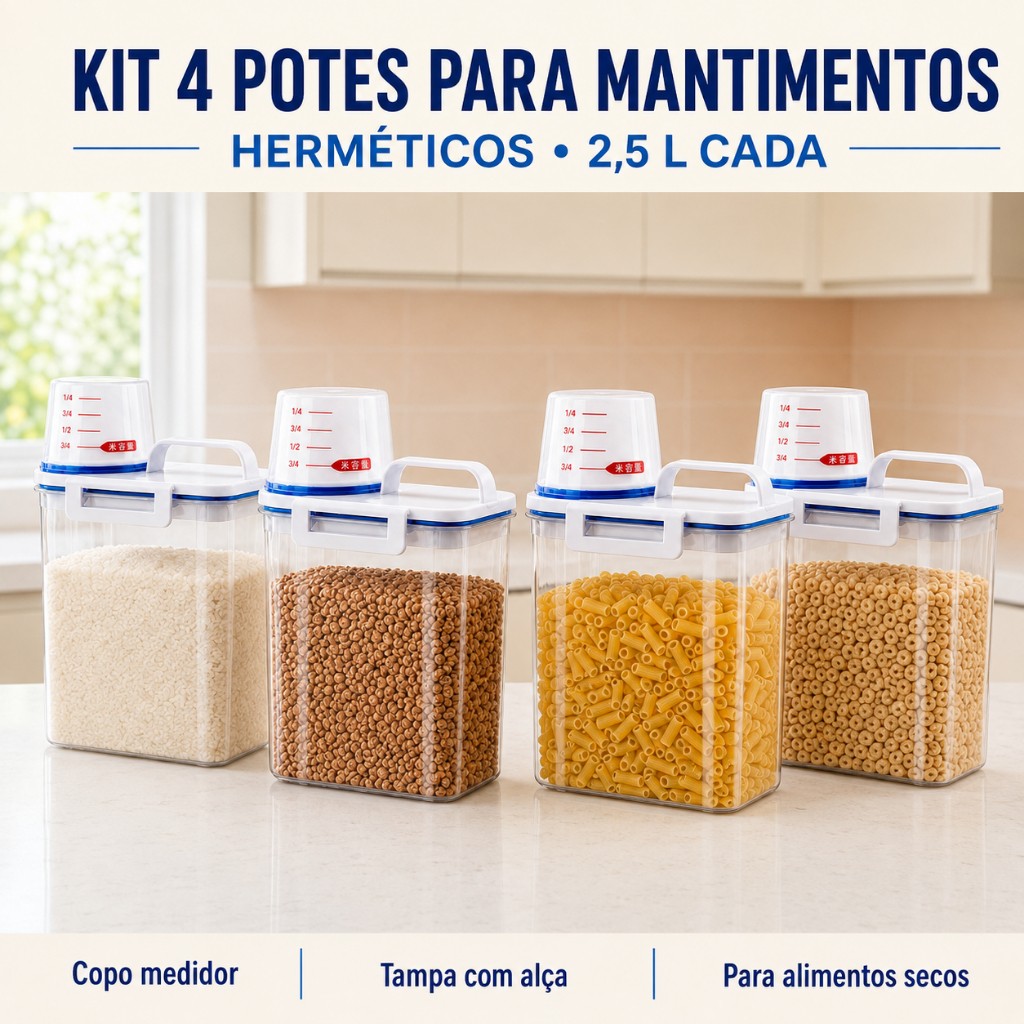 Kit 4 Potes para Mantimentos 2,5 L Herméticos com Bico Dosador e Copo Medidor para Organizar Cozinha e Despensa