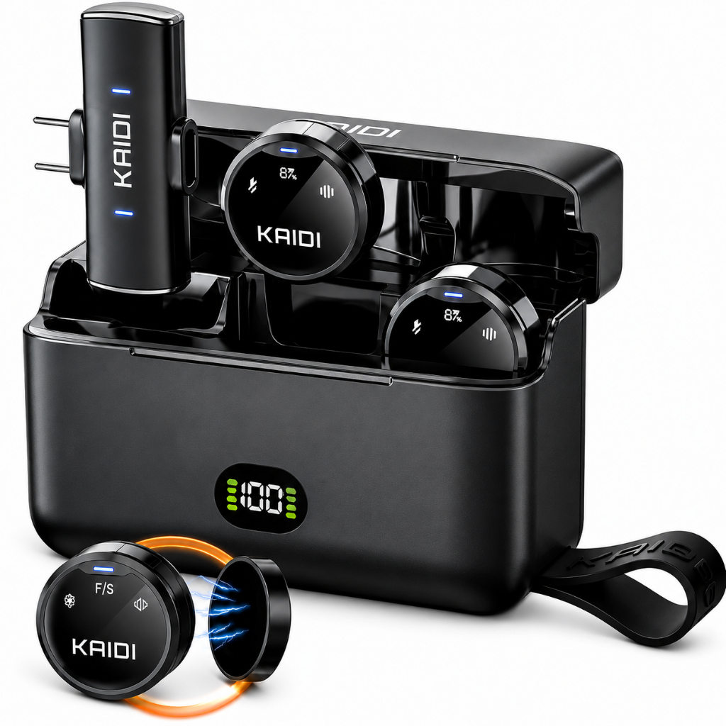 Microfone de Lapela Duplo Profissional Kaidi P4-C C/imã e Case Para Dispositivos Tipo-C