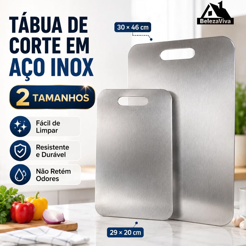 Tábua de Corte em Aço Inox 304 20x29cm e 30x46cm Antibacteriana e Antimofo Ideal para Carnes,Legumes e Frutas CB3046