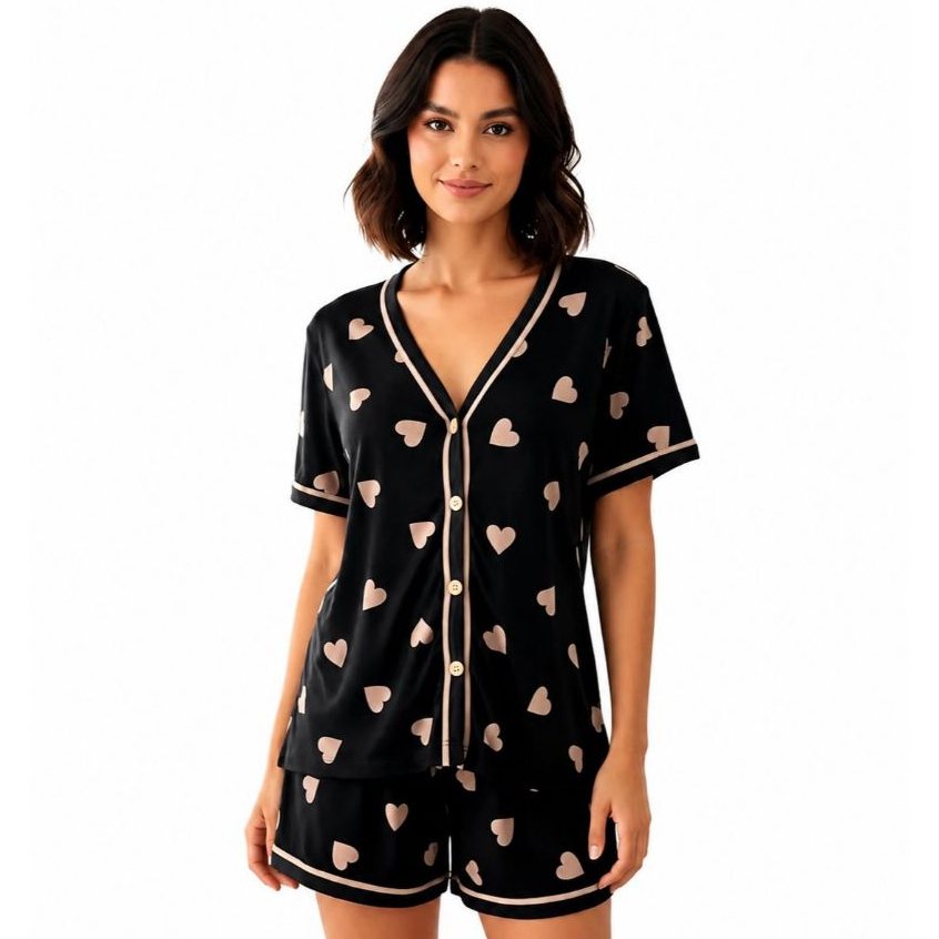Pijama Americano Feminino Adulto Short e Camisa Gola V Com Botões que Abrem Amamentação Malha Fresca