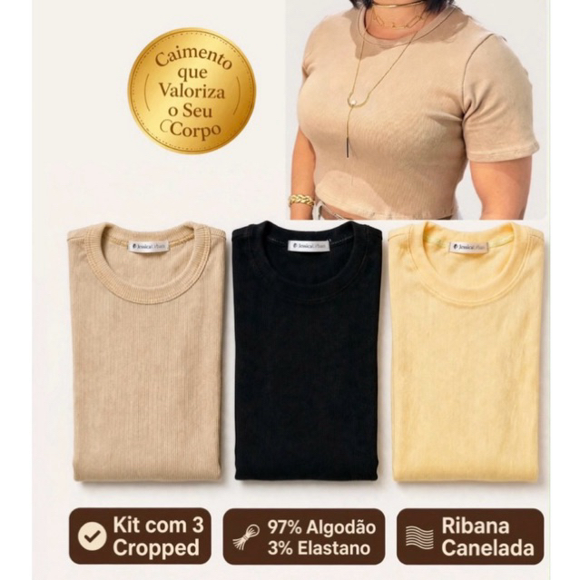 Kit 3 Cropped Feminino Canelado Ribana Algodão com Elastano Manga Curta Gola Redonda Lisa