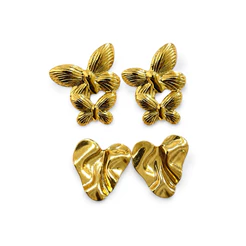 Brincos feminino dourado borboleta dupla e coração martelado AÇO INOXIDÁVEL ✨ modernos e elegantes