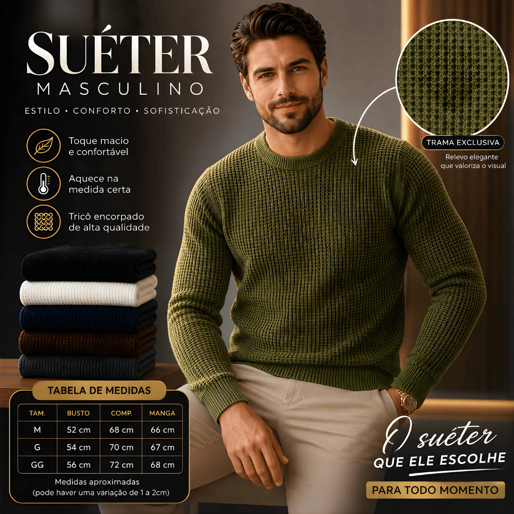 Suéter Masculino Tricô Texturizado Casual Blusa de Frio Masculina Elegante Inverno 2026