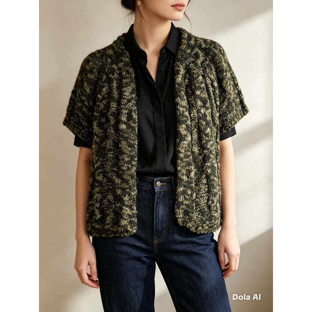Casaco Adulto Feminino, Modelo Manga Curta, Tricô, Cor: Verde Mescla, Tam: Único, Marca: Bethy.bethy