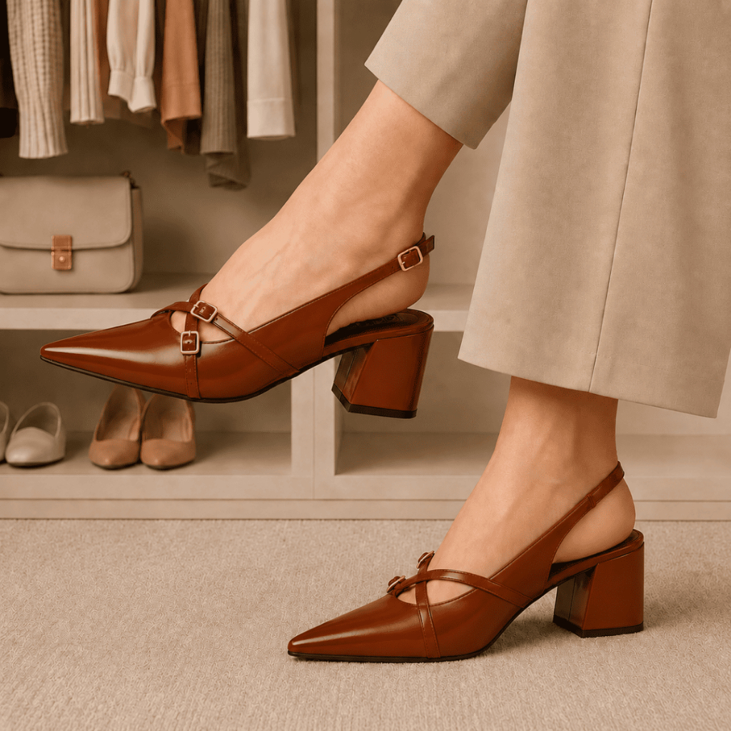 Sapato Slingback Bico Fino Feminino Salto Grosso