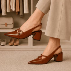 Sapato Slingback Bico Fino Feminino Salto Grosso