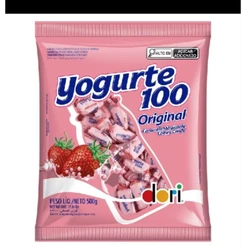 Bala Mastigável Dori Yogurte 600g - Sabor Morango, Não Contém Glúten, Aromatizante Artificial