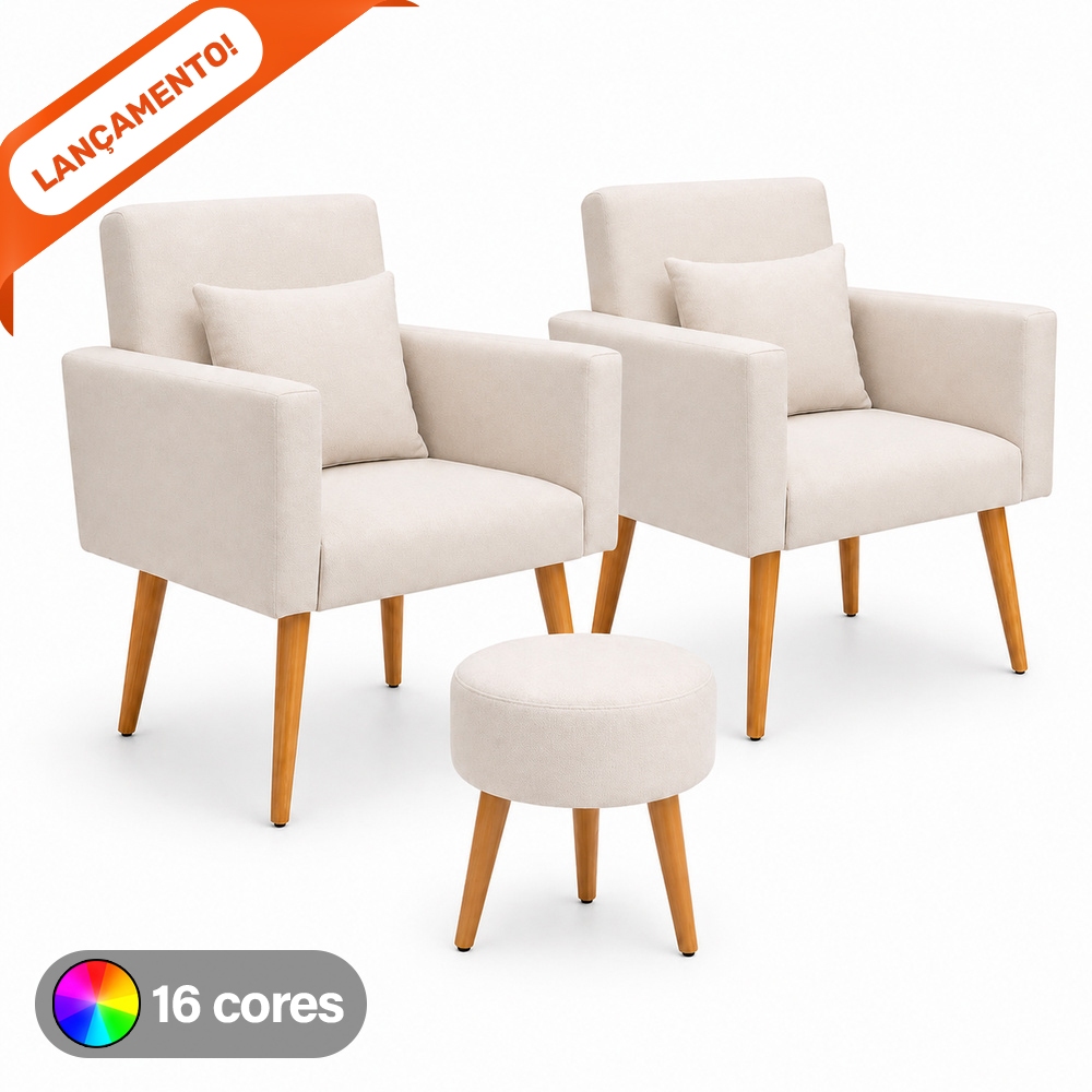Kit 02 Poltronas para Sala Decorativa Nina com Almofada e Puff Redondo Pés Palito Suede Aninha Decor