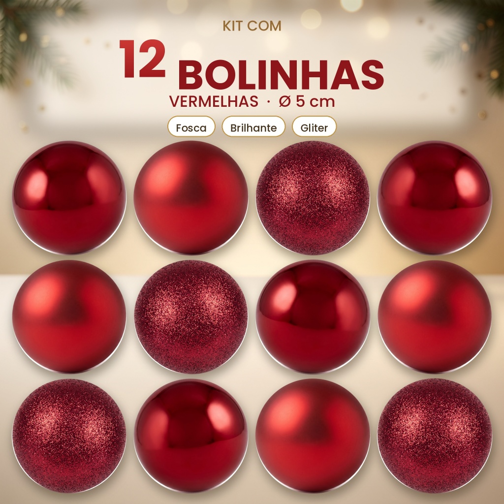 Kit 12 Bolas 5cm Douradas E Vermelhas Enfeite De Árvore De Natal Bolinhas Mista Lisa Fosca Glitter Para Decoração — imagem 2 de 2