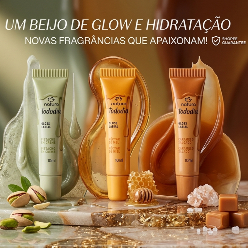 Kit Gloss Labial Tododia Néctar de Mel e Pistache em Creme e Caramelo Salgado 10ml Gourmand Maquiagem Lip Care Skincare