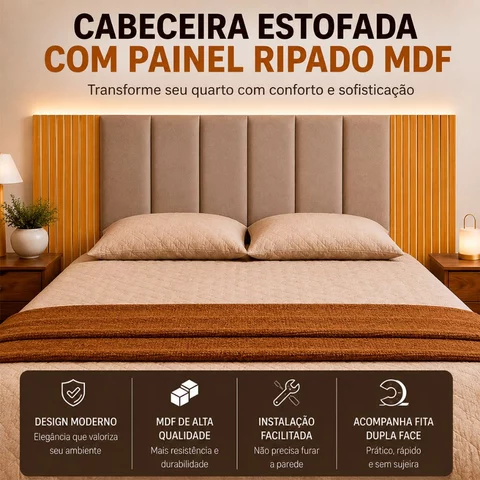 Cabeceira Estofada com Painel Ripado MDF para Cama Box 45x20cm