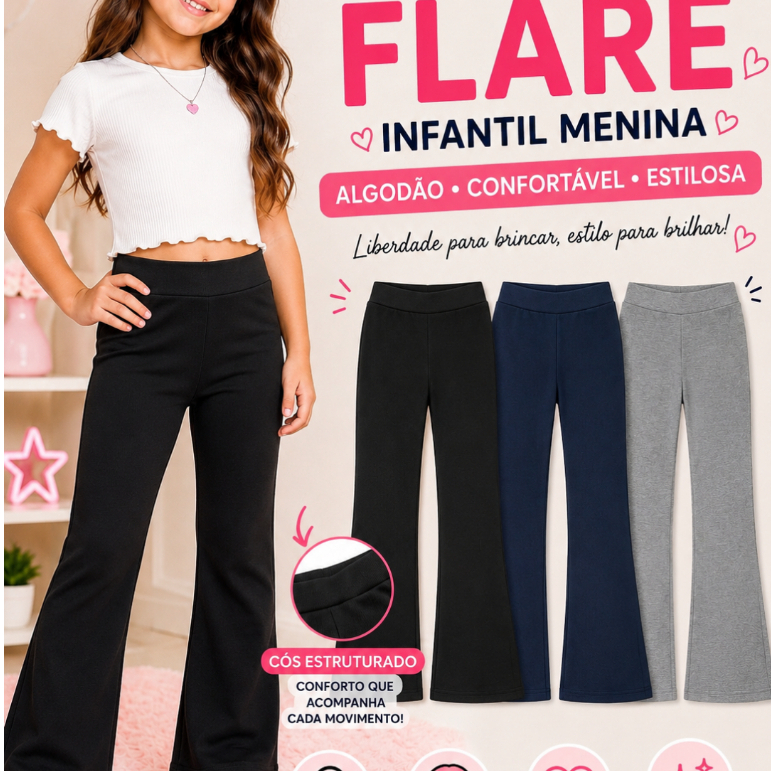 Calça Infantil Flare Menina Cós Largo Boca de Sino Algodão Elastano Estilosa Confortável