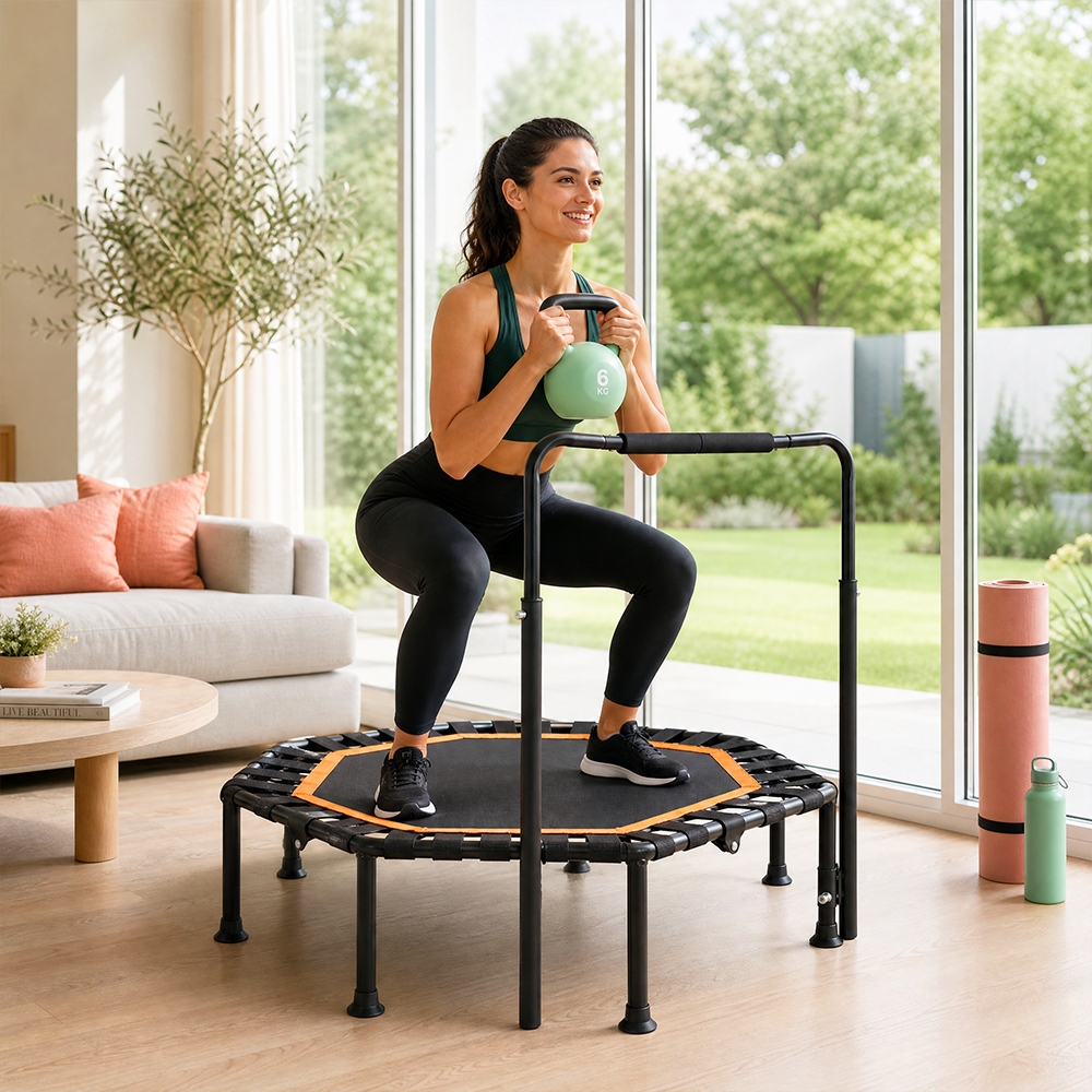 Mini Trampolim Profissional JOYFOX 42" Dobrável 250kg com Barra Ajustável 3 Níveis Fitness para Exercícios em Casa