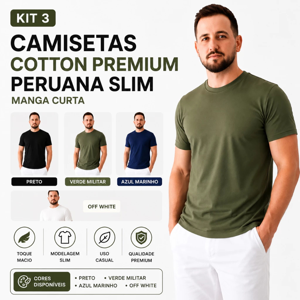 Kit 3 Camiseta Cotton Peruana Masculina Lisa 100% Algodão Casual