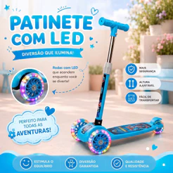 Patinete Dobrável 3 Rodas Cor Estrutura Azul/Rosa LED Infantil