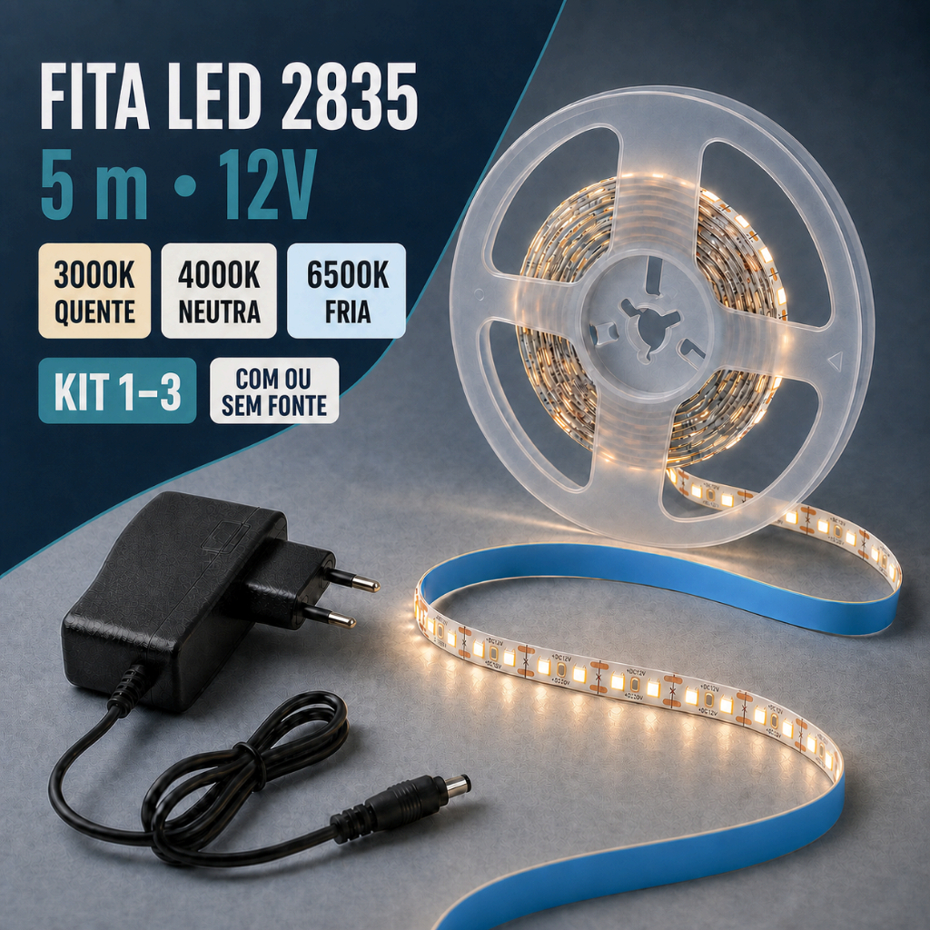 Fita LED 2835 5m 12V 120 LEDs/m 8mm IP20 para Sanca 3000K 4000K 6500K Kit com 1 2 ou 3 Rolos Fonte Opcional