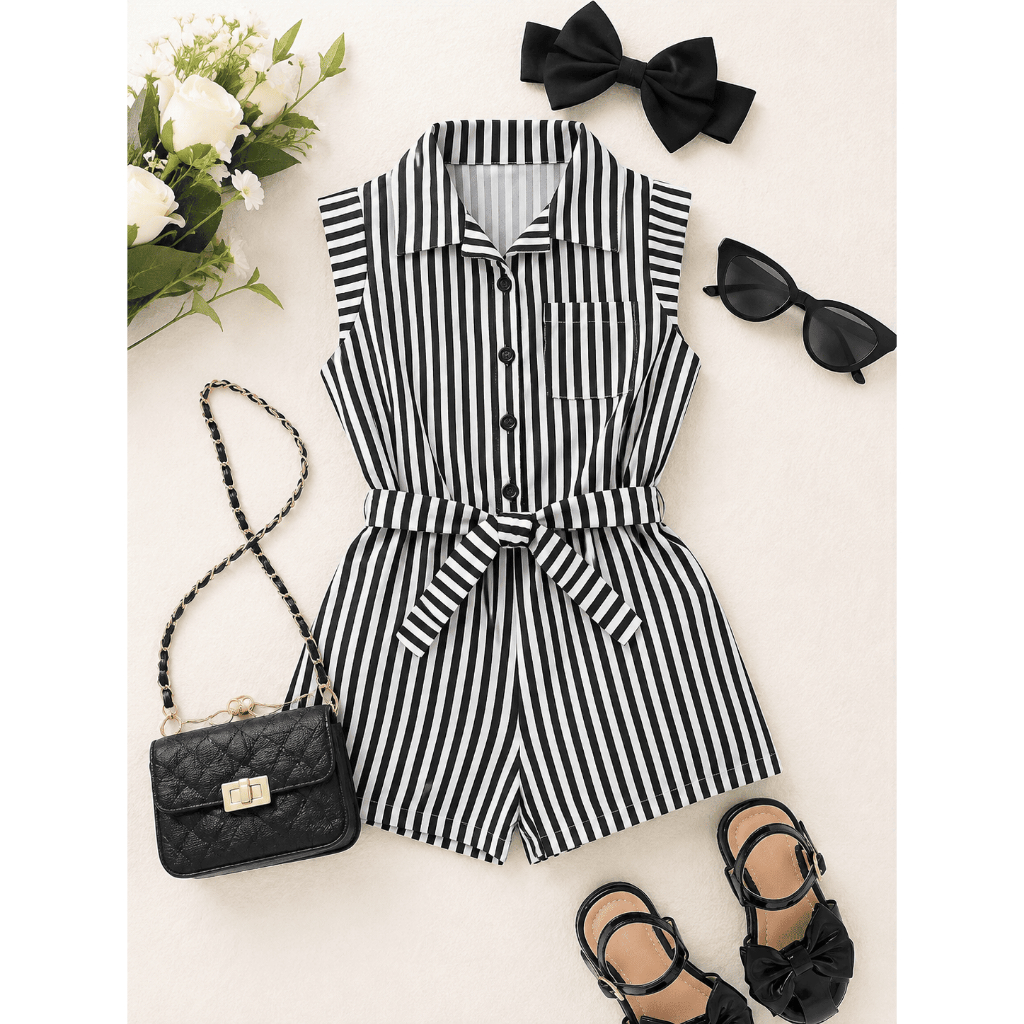 Macaquinho Infantil Menina Conjunto Listrado Short 04 ao 10 Roupa Dia Das Crianças
