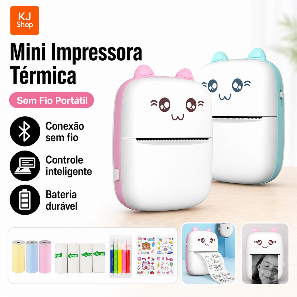 Mini Impressora Portátil Térmica Sem Fio Bluetooth Android e iOS Compatível Para Fotos e Etiquetas