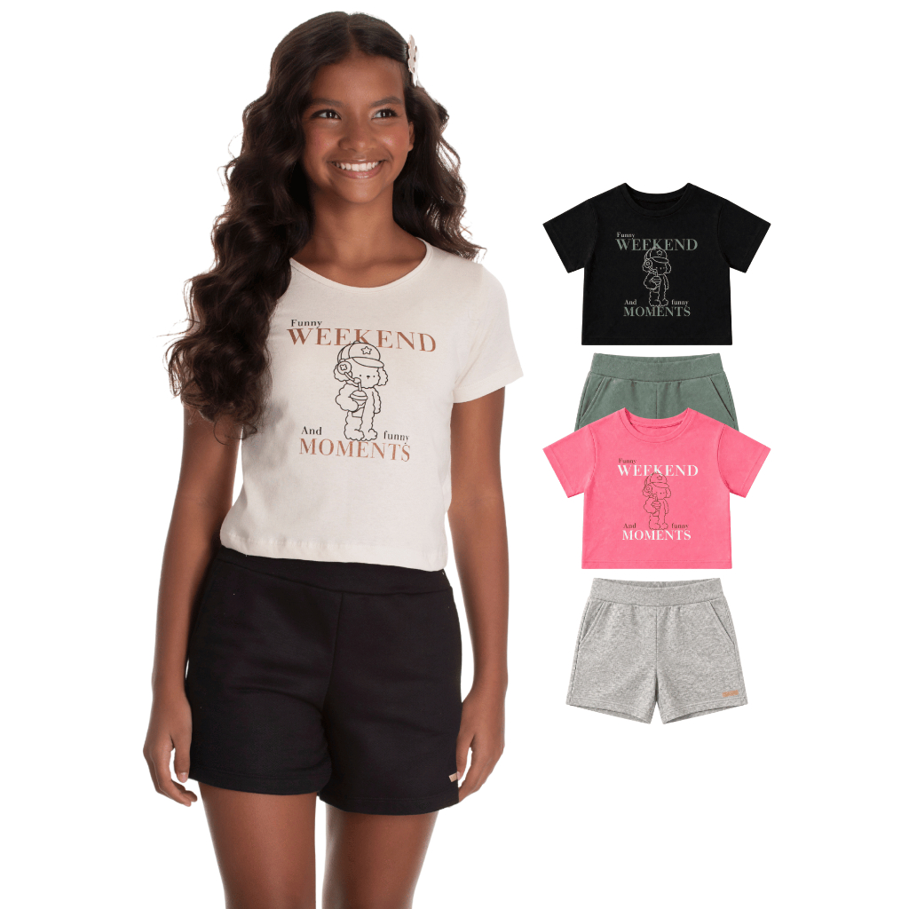 Conjunto Juvenil Feminino Blusa Cropped Funny Weekend Bermuda Moletinho Tamanhos 10 12 14