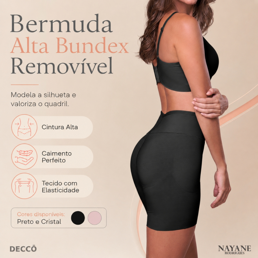 Bermuda Bundex Nayane Rodrigues com Quatro Enchimentos Removíveis Cintura Alta Aumenta o Bumbum