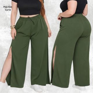 Calça Plus Size Feminina Wide Leg Cintura Alta Social Fenda Lateral Elegante