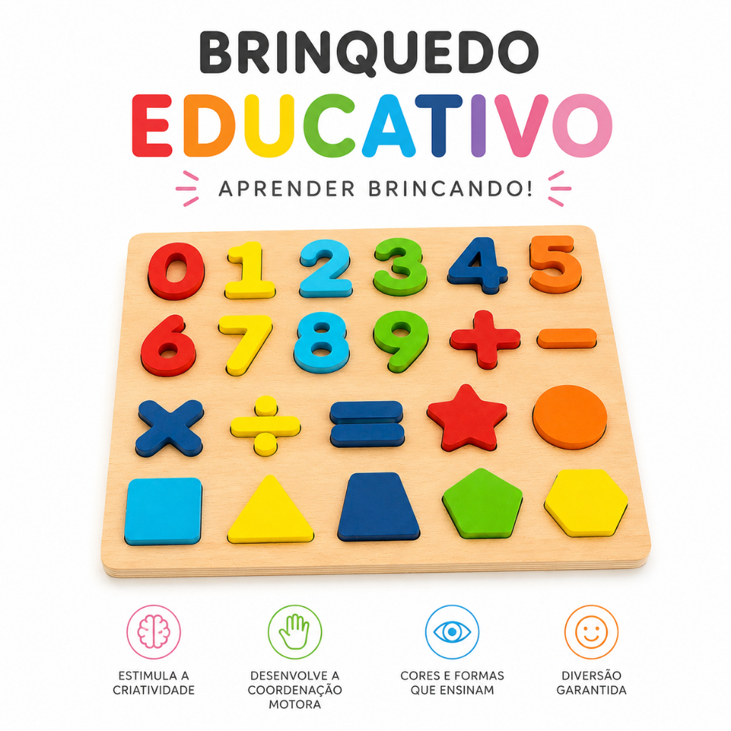 Brinquedo Educativo Montessori de Madeira - Números e Formas Geométricas