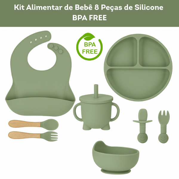 Kit 6/8 Peças Introdução Alimentar Silicone Bebê Talheres Babador Prato Ventosa Colher Garfo