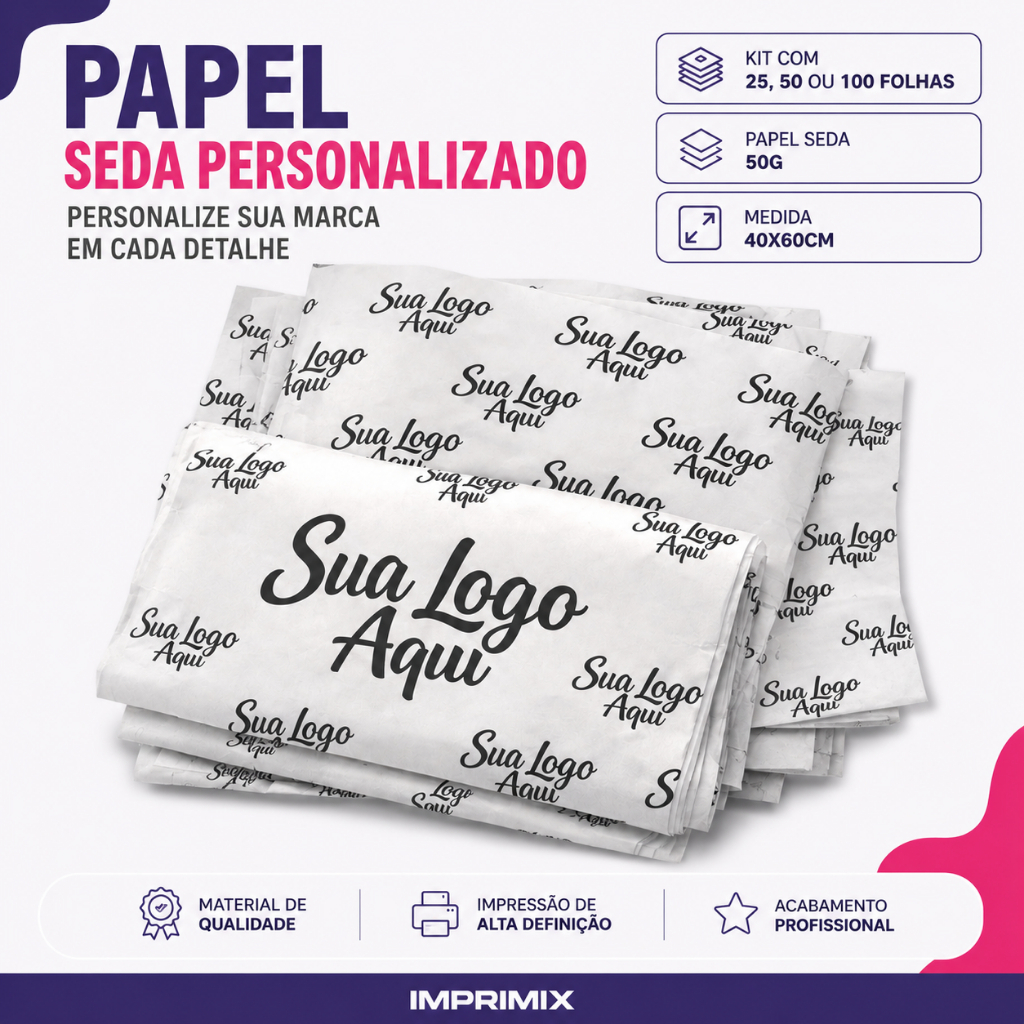 Papel Seda Personalizado com Logo 60x40cm Embalagem Loja Roupa Presente Kit 25 50 100 Folhas Seda Colorido Envio
