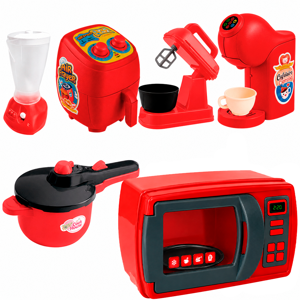 KIT COZINHA INFANTIL MICROONDAS AIR FRYER CAFETEIRA FRIGIDEIRA ESPÁTULA BATEDEIRA PANELA DE PRESSÃO