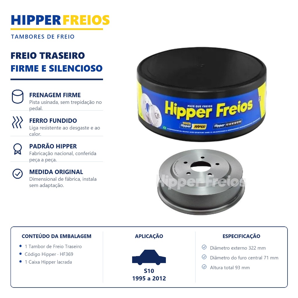 Tambor de Freio Traseiro S10 1995 a 2012 Hipper Freios