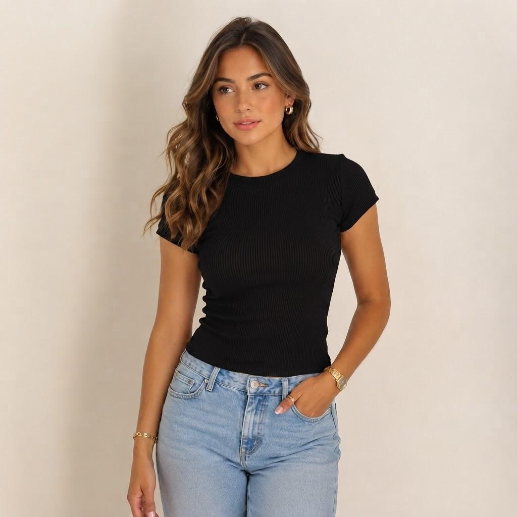 Blusa Feminina T-Shirt Canelada Básica Confortável e Versátil para Todos os Looks