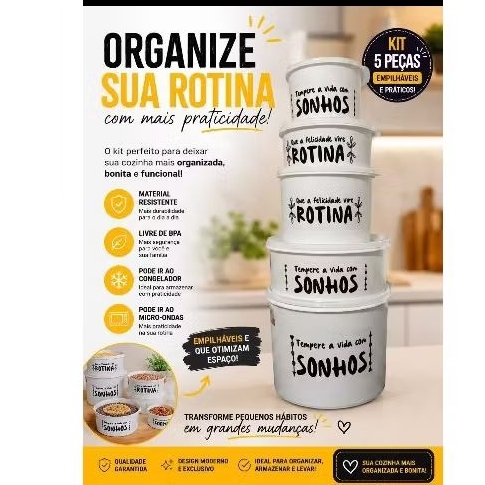 kit mantimentos 5pç, kit potes empilháveis ideal para sua cozinha