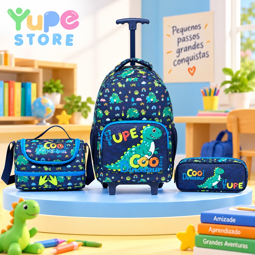YUPE Kit Mochila Lancheira Estojo Infantil Masculino Escolar Rodinha
